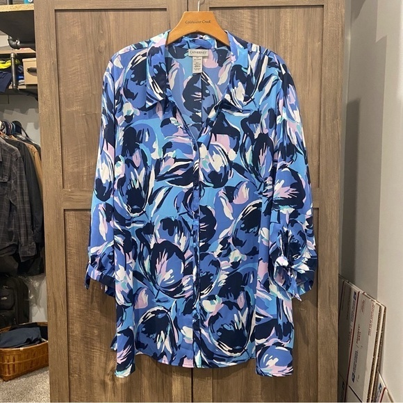 Catherines 3X Blouse Top V Neck Button Down 3/4 sleeves - Picture 1 of 10